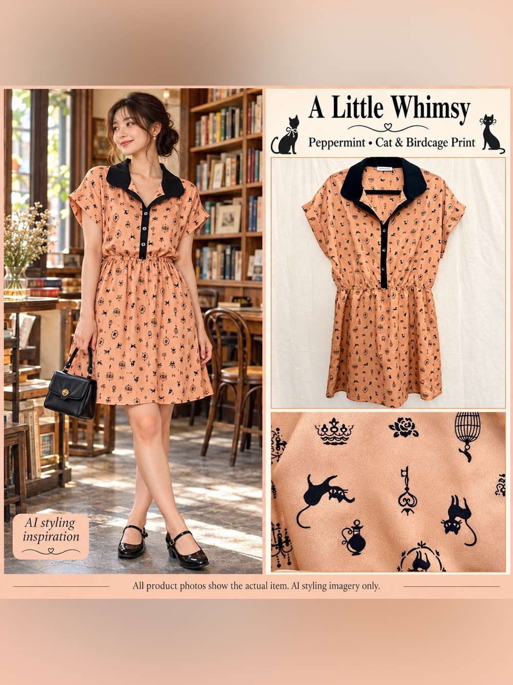 Peppermint Cats & Birdcage Print Dress Peach Black Peter Pan Collar Retro Poet